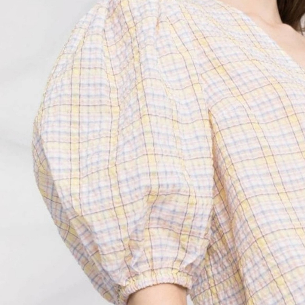 GANNI | Seersucker Pastel Checkered Puffy Sleeve Midi Dress EU 36 - Picture 5 of 14